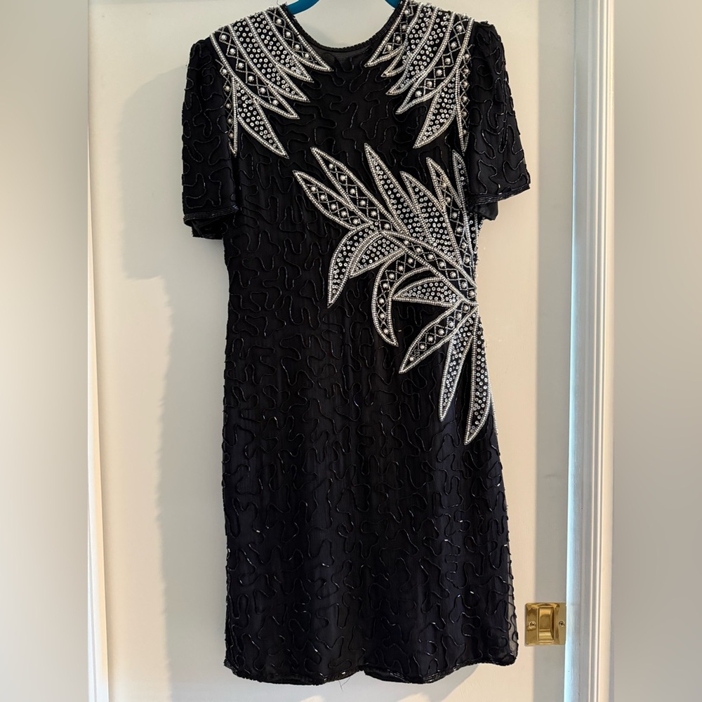 Vintage Laurence Kazar Black and Silver Beaded Silk Cocktail Dress